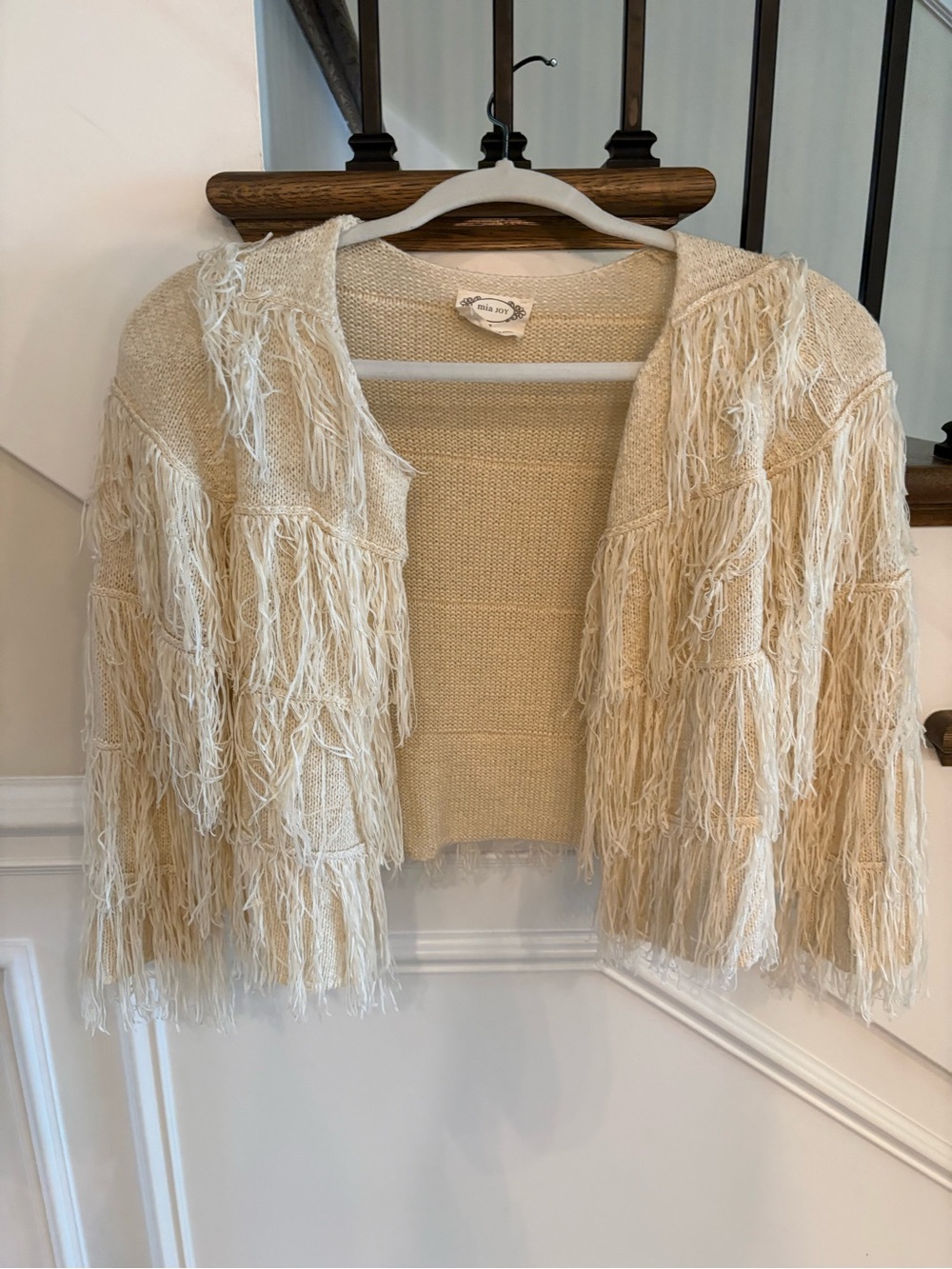 Kids Joyfolie Cream Fringe Open-Front Knit Shrug